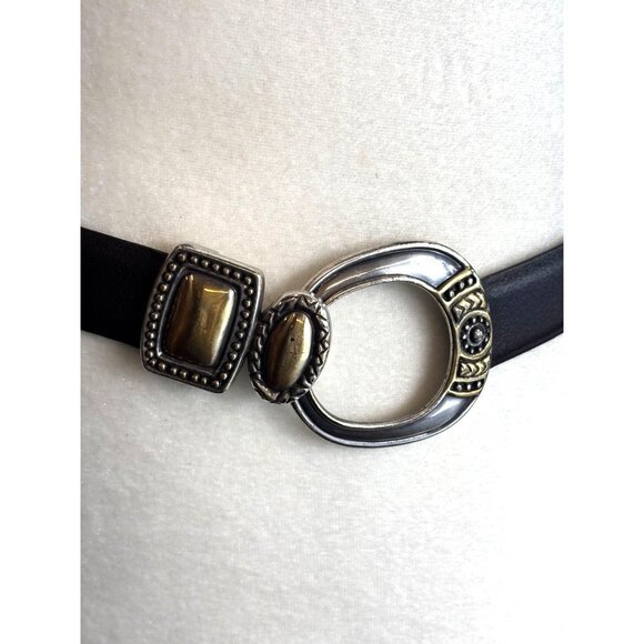 Chicos Black Leather Belt With Silver & Gold Decorative Buckle S/M - Picture 3 of 8